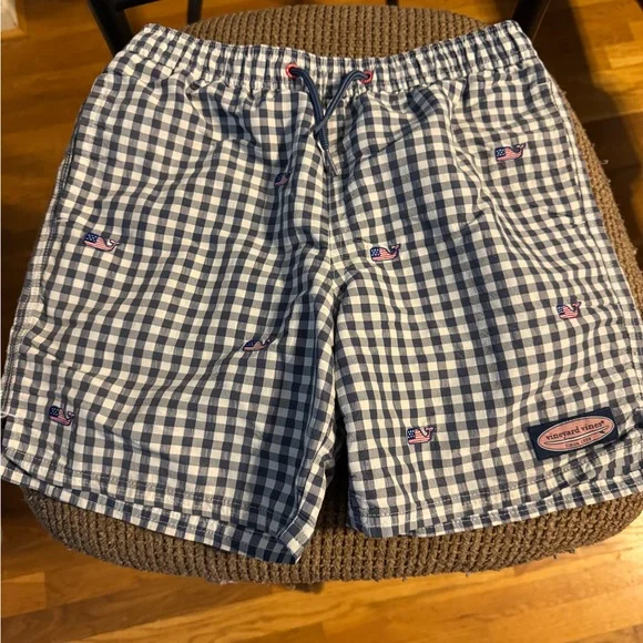 Boys Vineyard Vines Blue Swim Trunks with Gingham Pattern Sz 8-10 American Flag - Picture 1 of 4